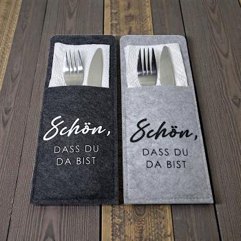 Preview: 2/4/6er Set Bestecktasche Schön, dass Du da bist - Filz anthrazit oder grau - Artikel Nr. 1100081